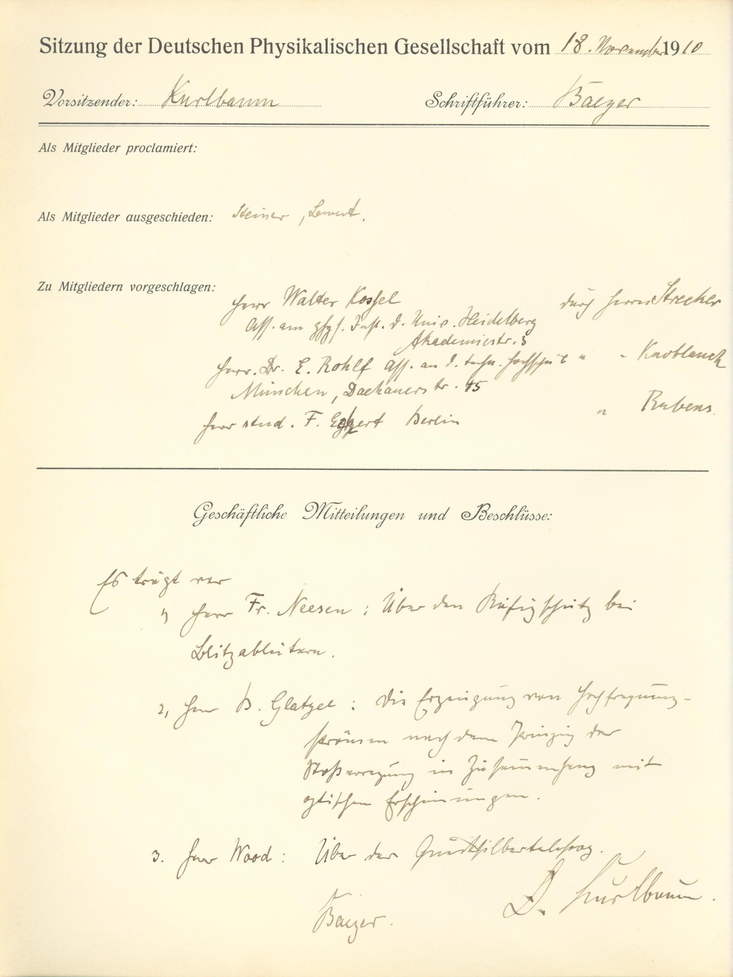 Auszug aus dem Protokollbuch der DPG