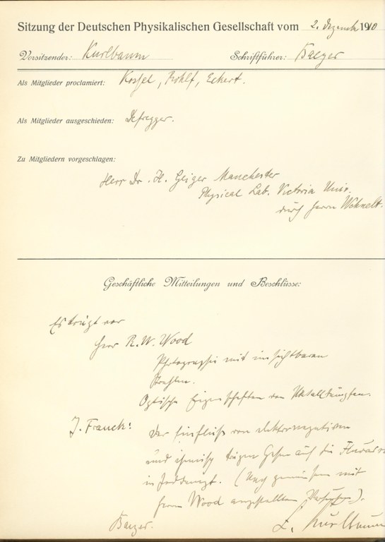 Auszug aus dem Protokollbuch der DPG