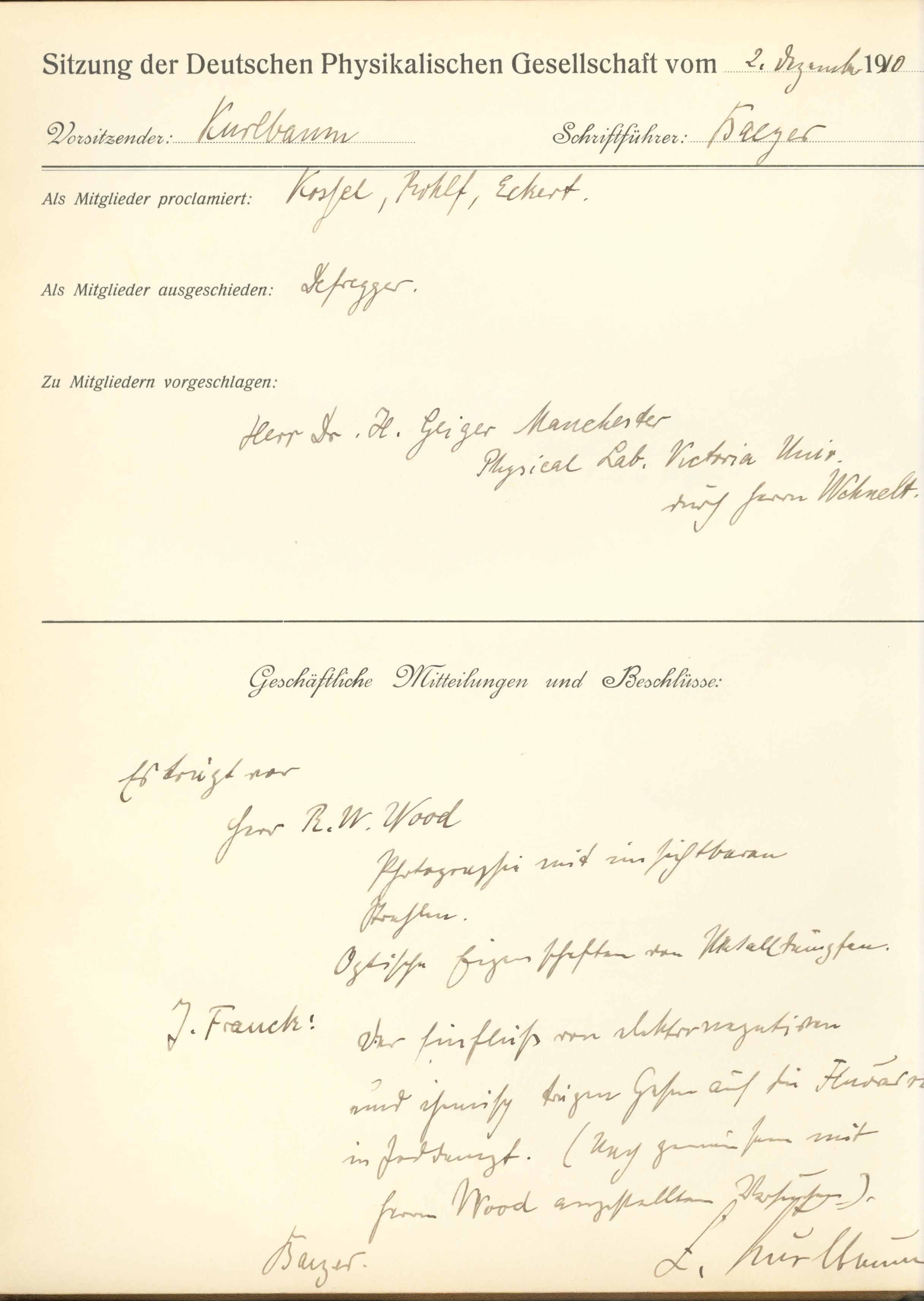 Auszug aus dem Protokollbuch der DPG