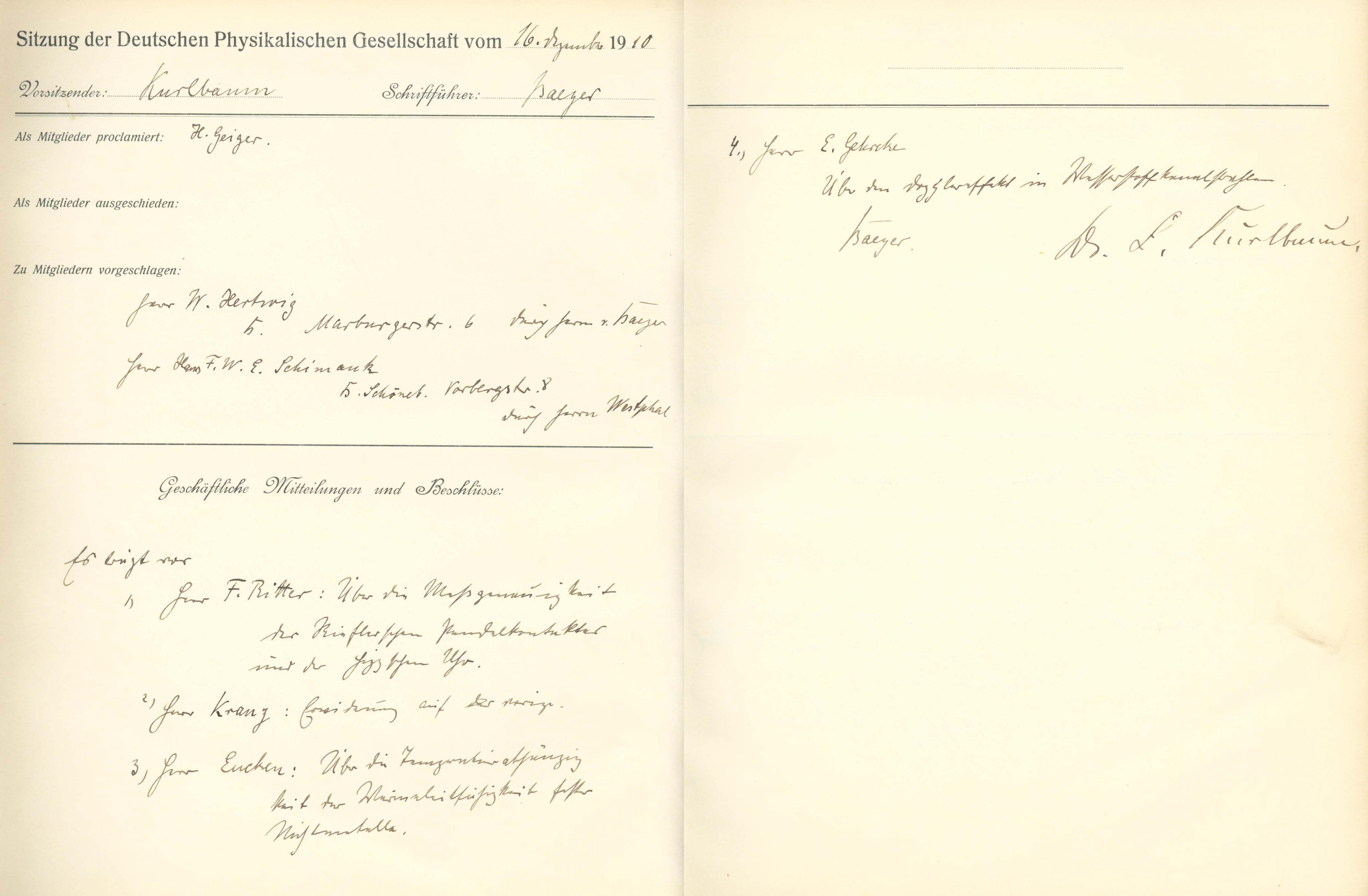 Auszug aus dem Protokollbuch der DPG