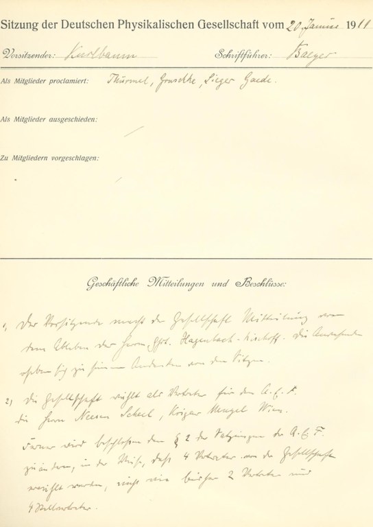 Auszug aus dem Protokollbuch der DPG