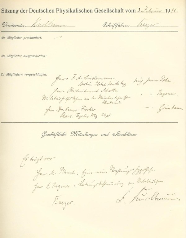 Auszug aus dem Protokollbuch der DPG