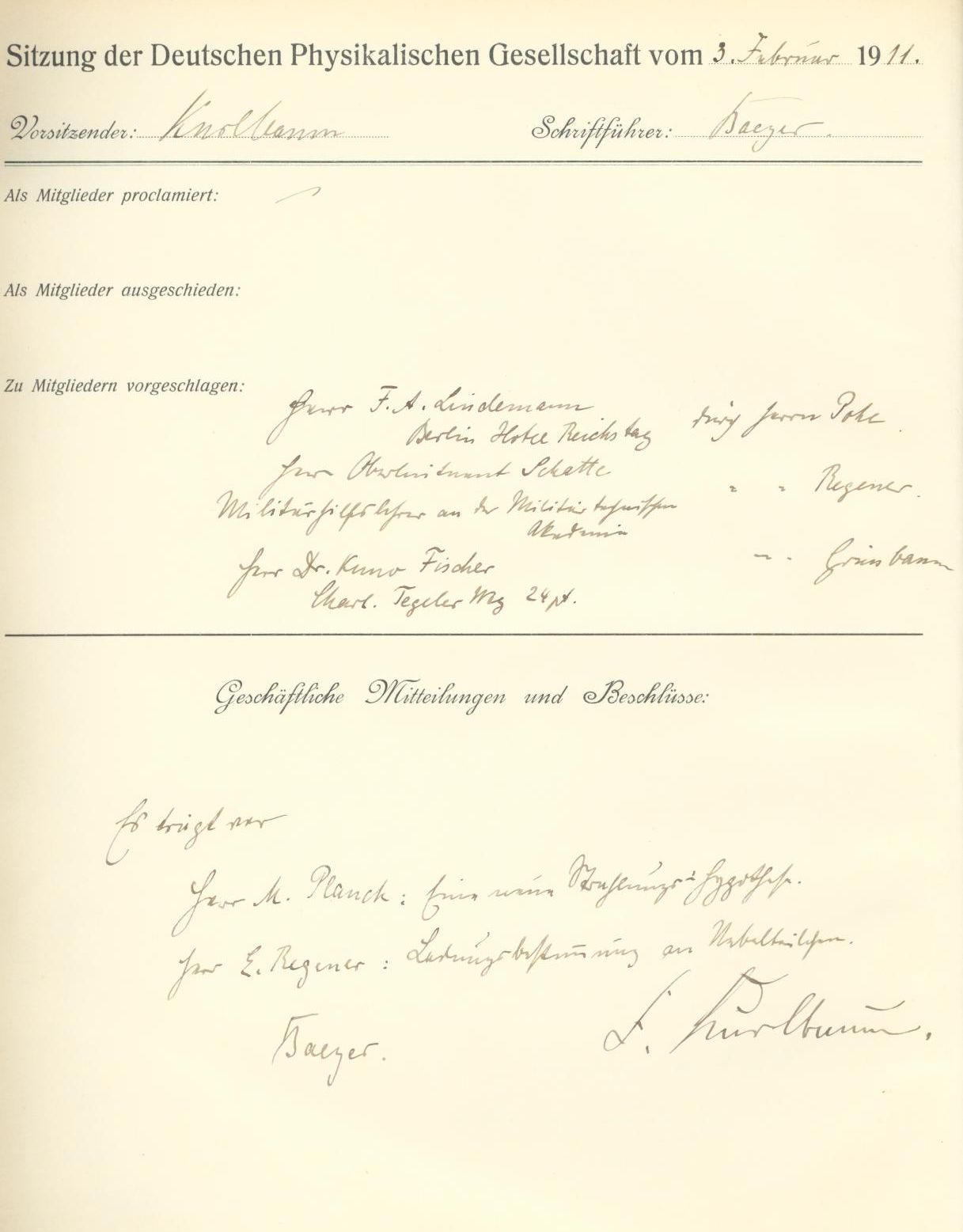 Auszug aus dem Protokollbuch der DPG