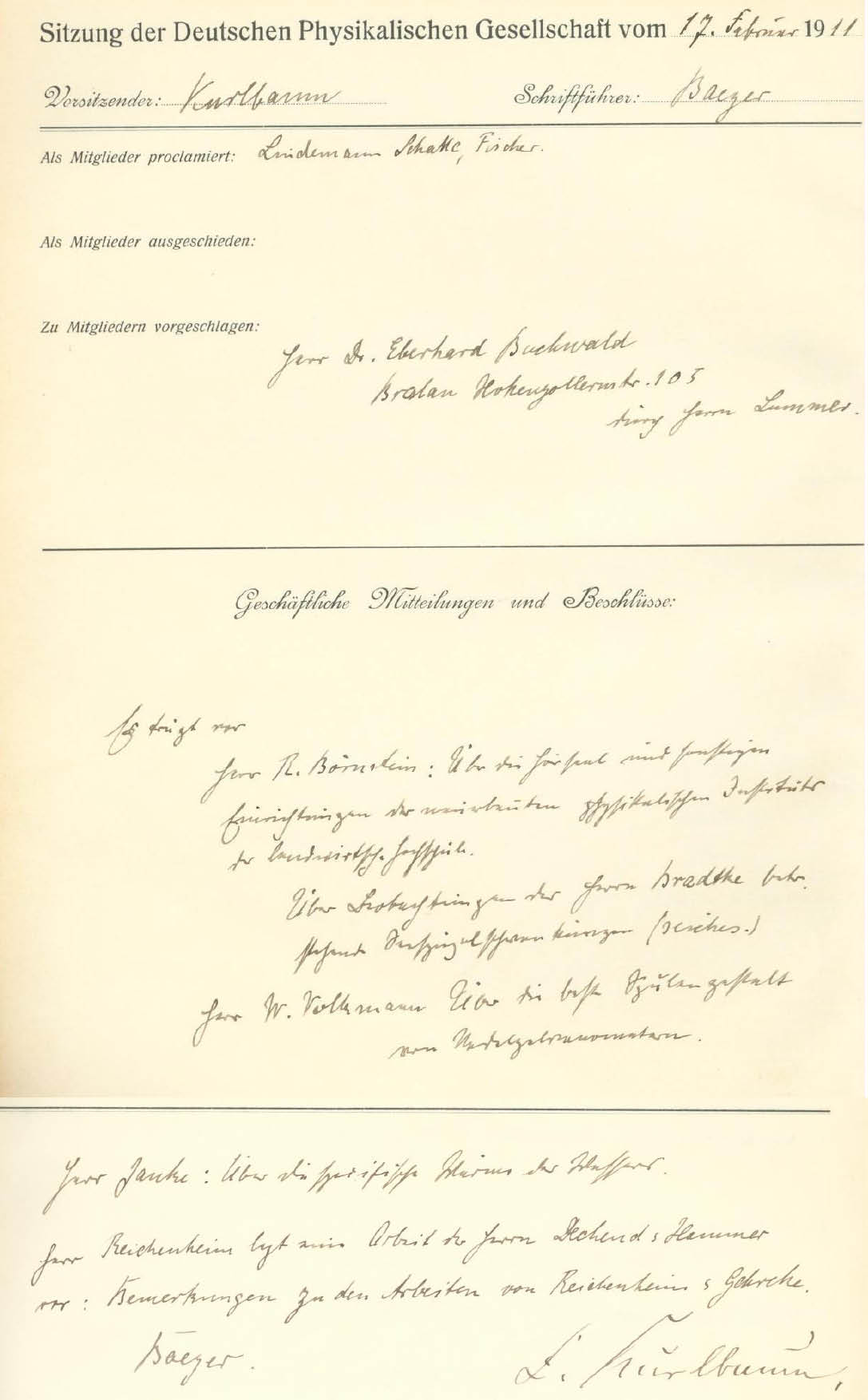 Auszug aus dem Protokollbuch der DPG