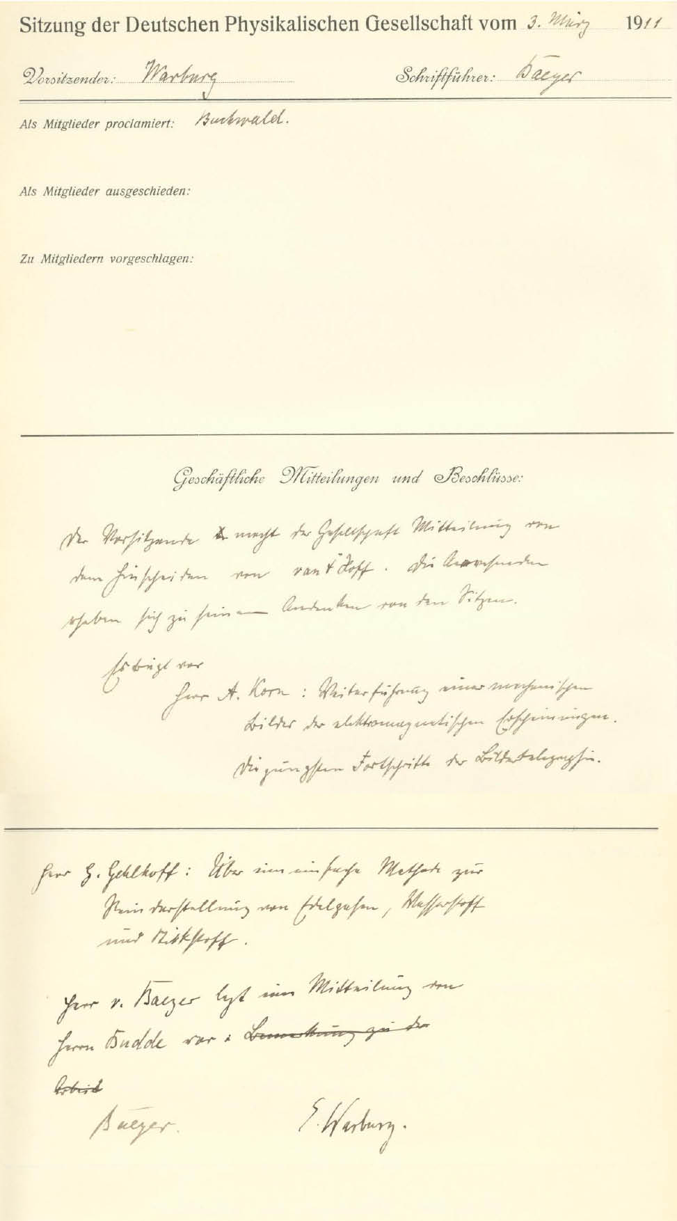 Auszug aus dem Protokollbuch der DPG