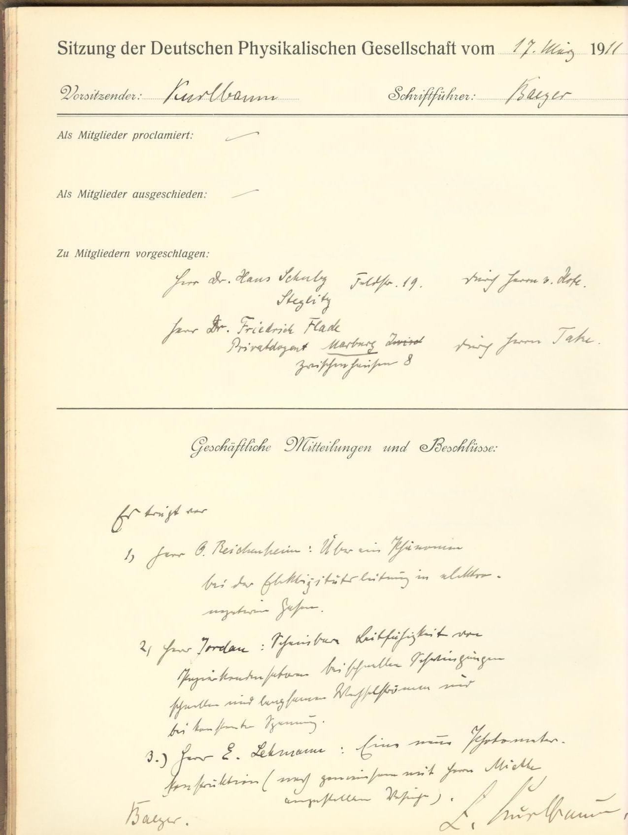 Auszug aus dem Protokollbuch der DPG