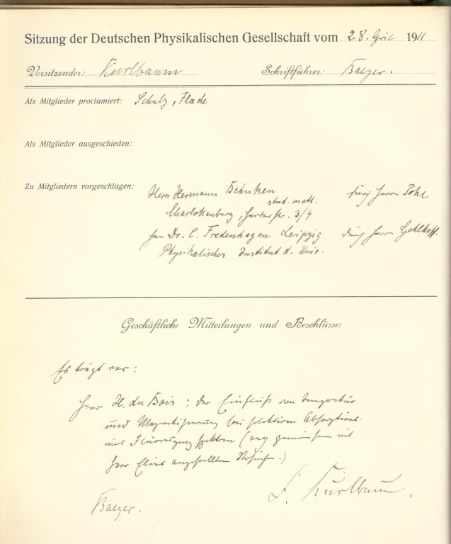 Auszug aus dem Protokollbuch der DPG