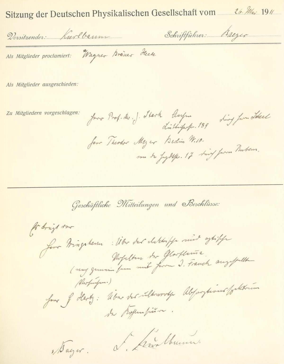 Auszug aus dem Protokollbuch der DPG