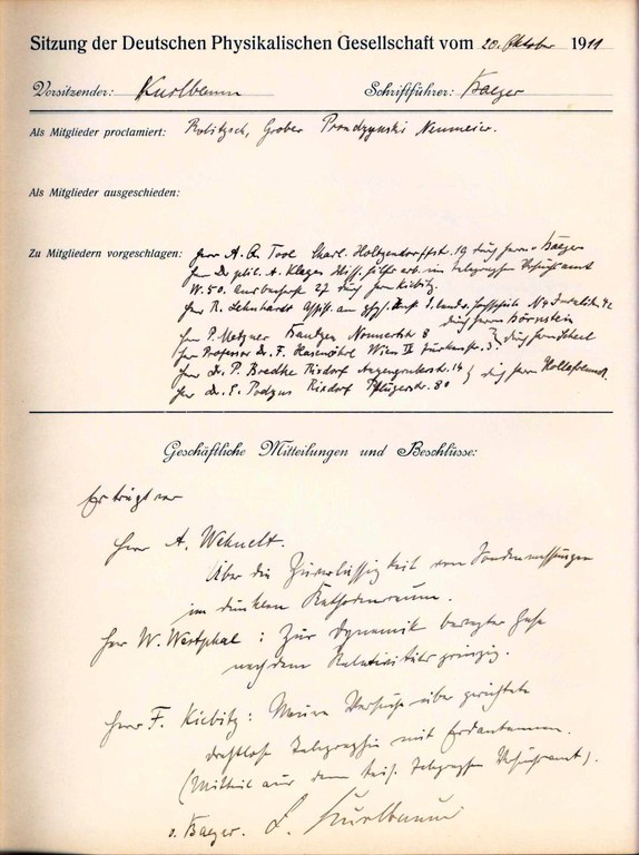 Auszug aus dem Protokollbuch der DPG