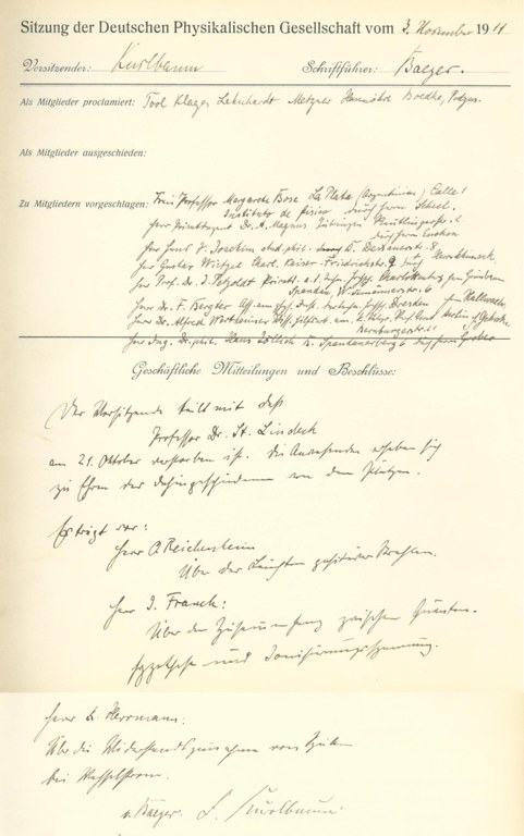 Auszug aus dem Protokollbuch der DPG