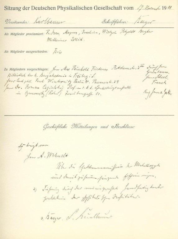 Auszug aus dem Protokollbuch der DPG