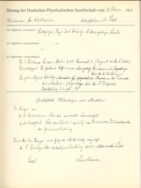 Auszug aus dem Protokollbuch der DPG