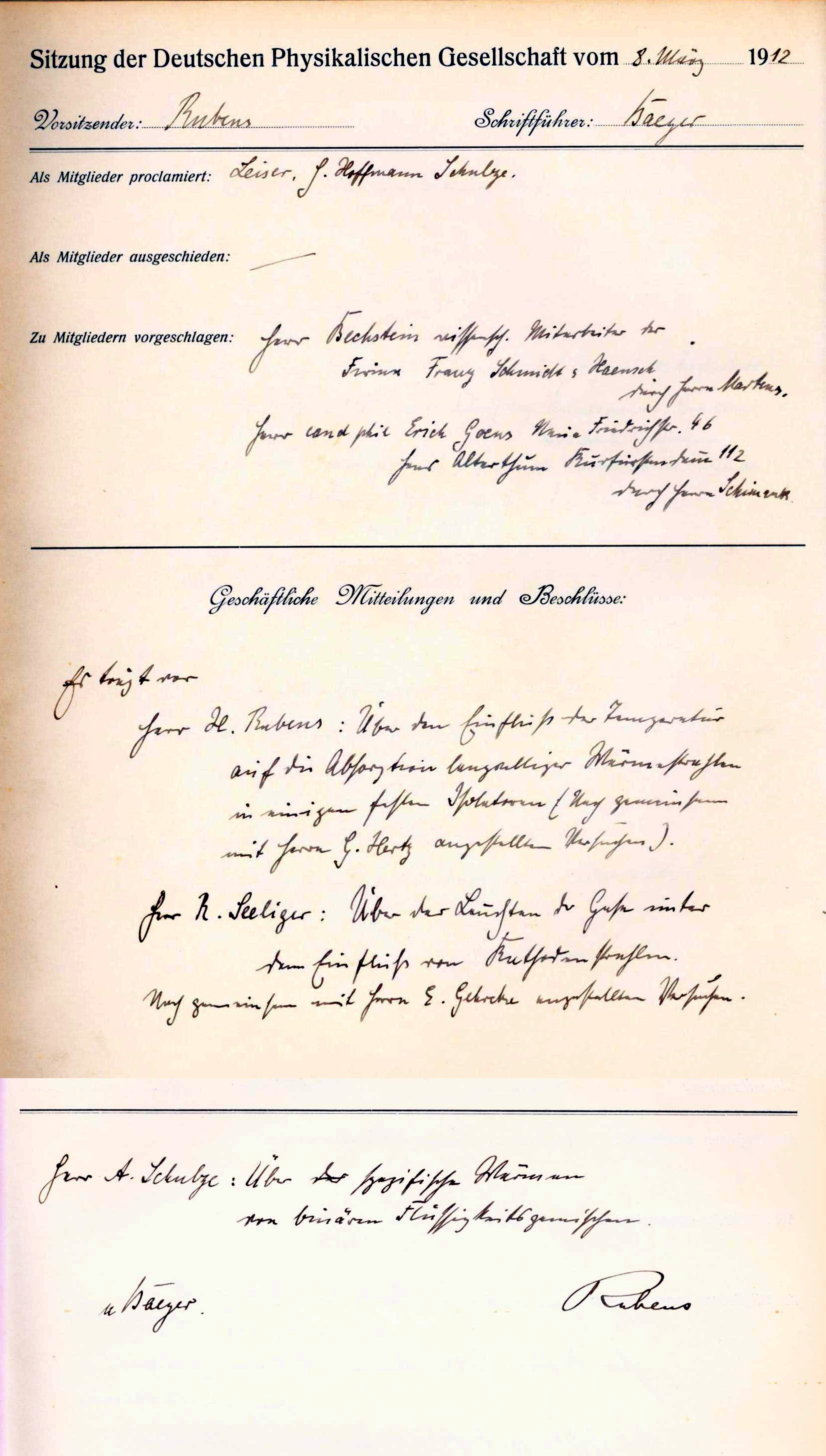 Auszug aus dem Protokollbuch der DPG