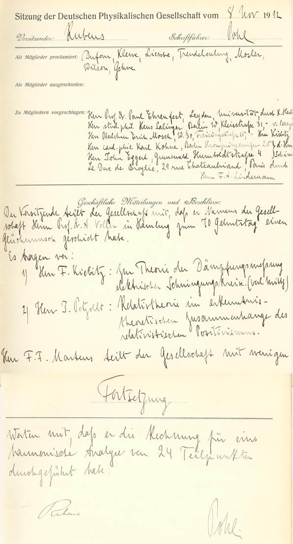 Auszug aus dem Protokollbuch der DPG