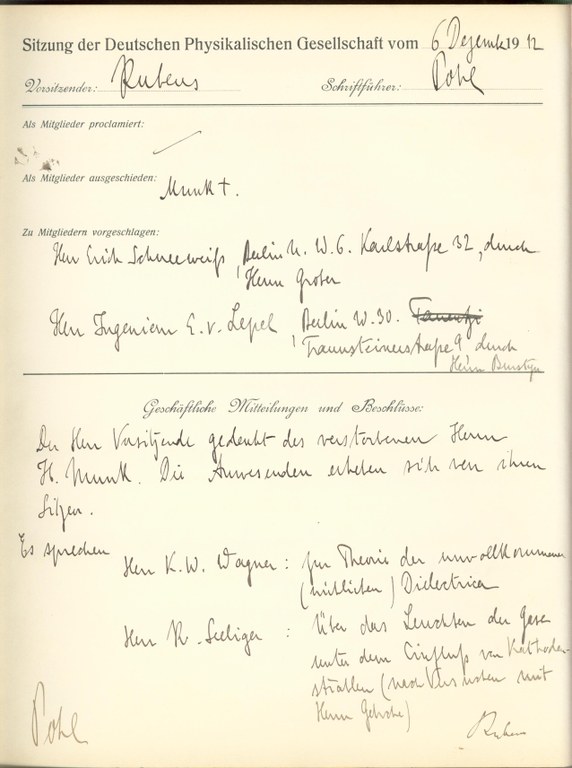 Auszug aus dem Protokollbuch der DPG