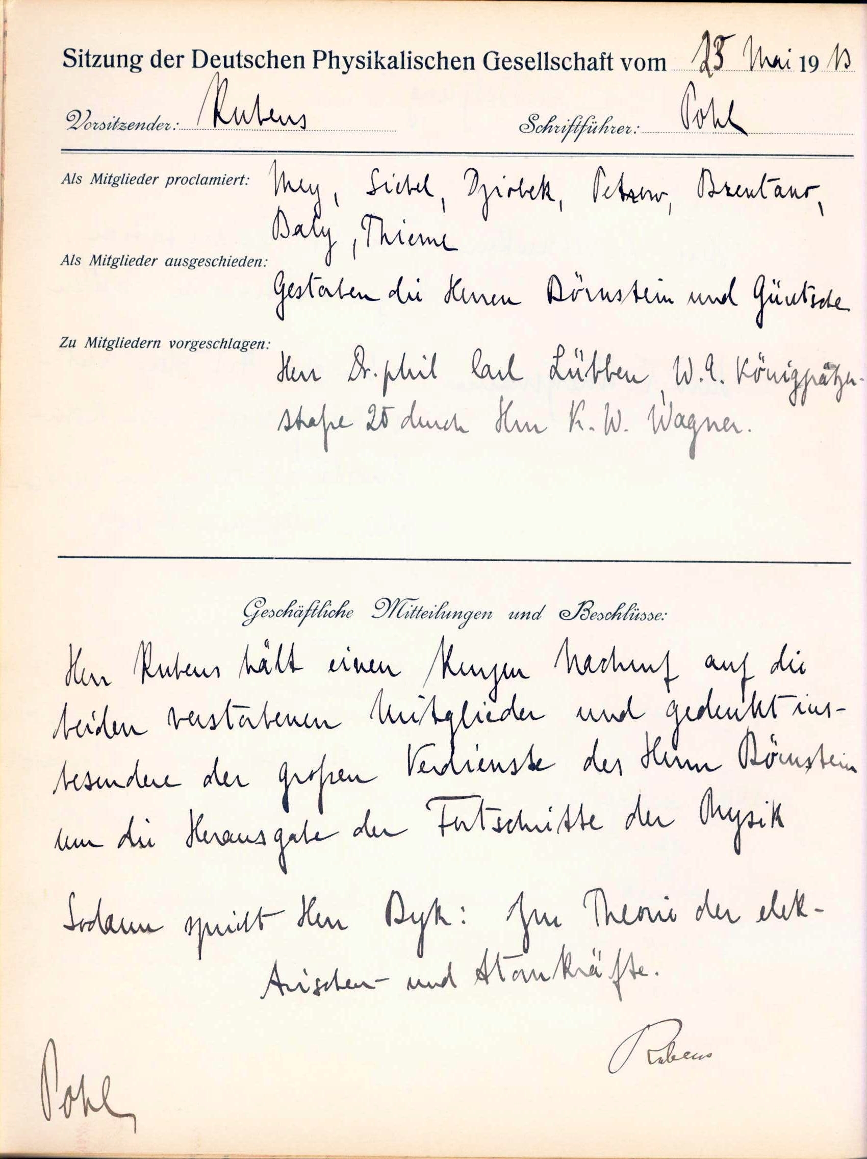 Auszug aus dem Protokollbuch der DPG