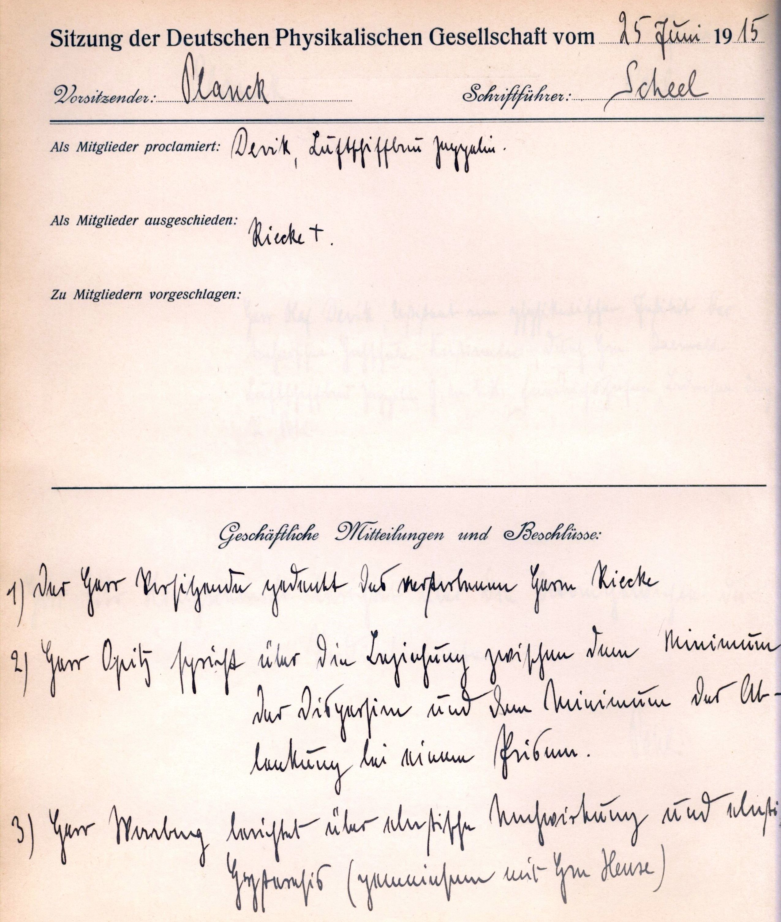 Auszug aus dem Protokollbuch der DPG
