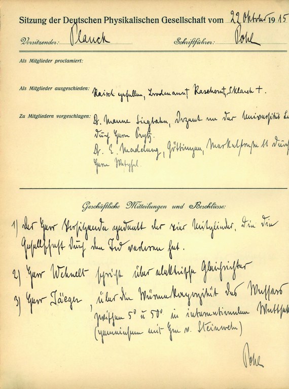 Auszug aus dem Protokollbuch der DPG