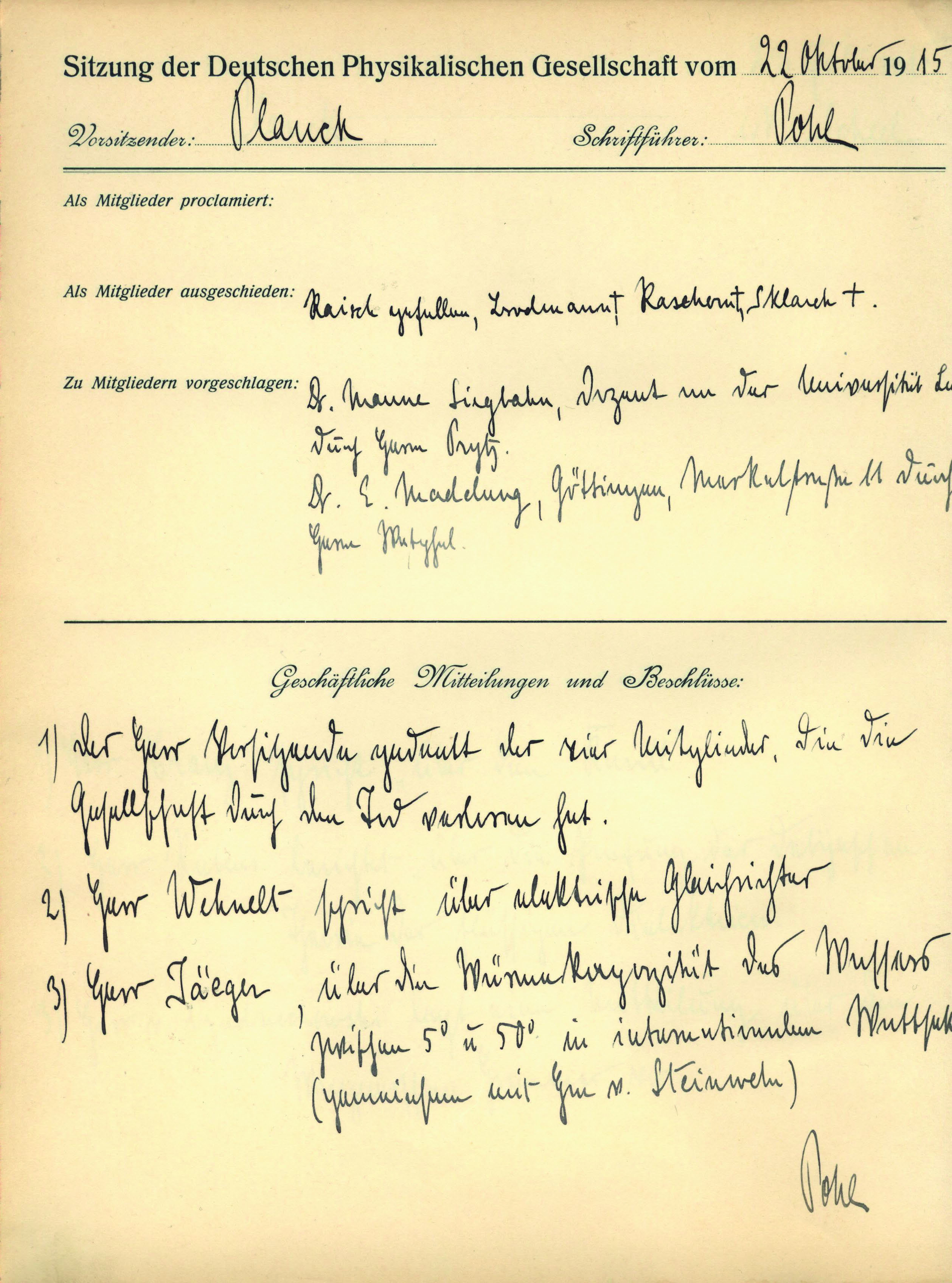 Auszug aus dem Protokollbuch der DPG