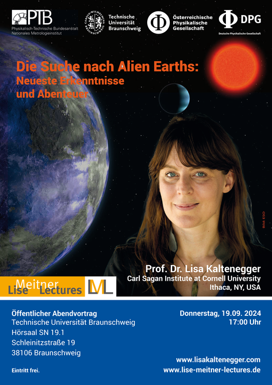 Links ein Ausschnitt eines erdähnlichen Planetens daneben das Porträt einer dunkelhaarigen Frau