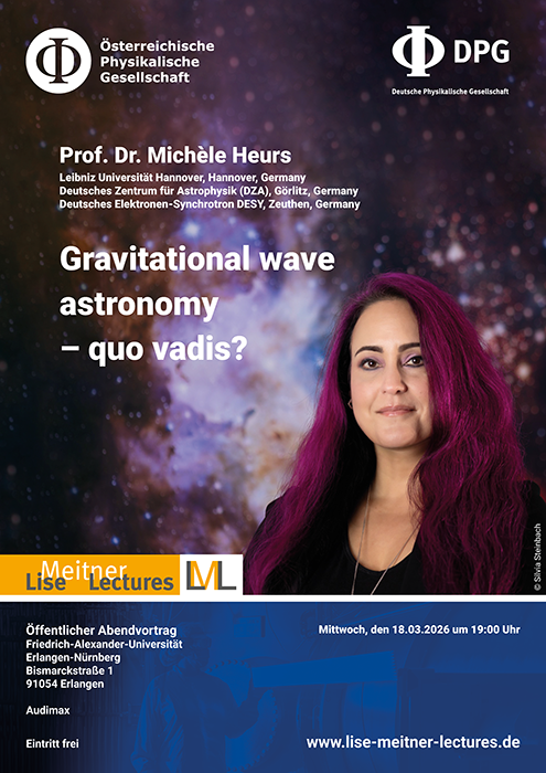 Poster der Lise-Meitner-Lecture in Erlangen Bild einer Frau mit lila Haaren vor einem Sternennebel.